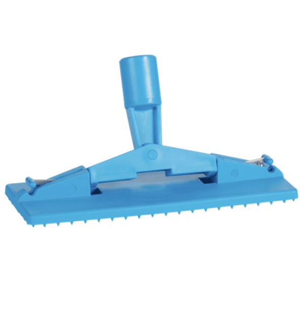 Blue plastic mop head with handle.